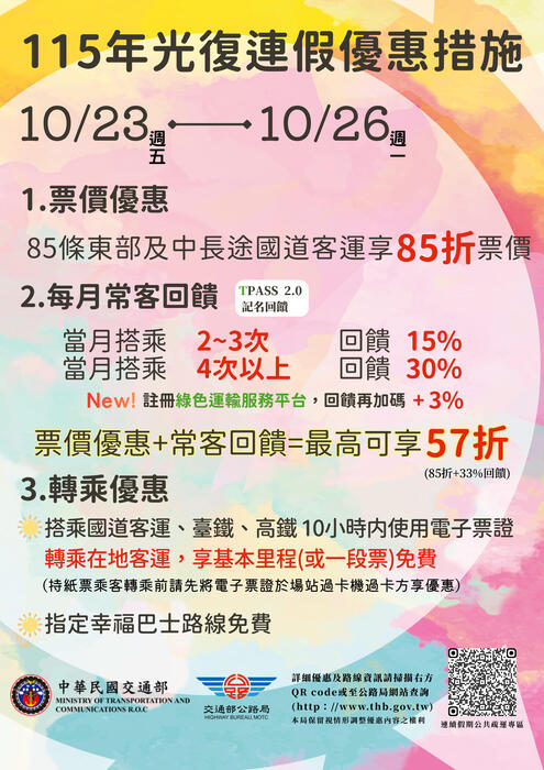 交通部公路局115年光復節連續假期提供搭乘公路公共運輸享多項優惠案