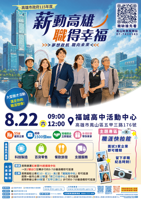 高雄市政府勞工局115年8月22日(六)在「福誠高中活動中心」辦理大型現場徵才活動，歡迎前往參加！